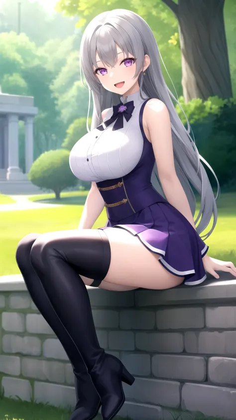 Masterpiece, Best Quality, girl, looking at viewer, Faios, grey hair, purple eyes, large breasts, sleeveless idol dress, very puffy skirt, flared skirt, thigh highs, heeled boots, sitting, smile, open mouth, outdoors