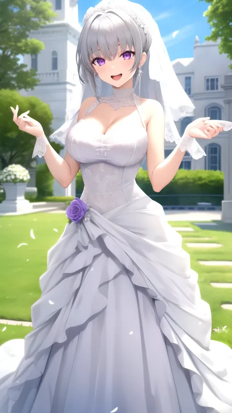 Masterpiece, Best Quality, girl, looking at viewer, Faios, grey hair, purple eyes, large breasts, wedding dress, standing, smile, Open mouth, outdoors 