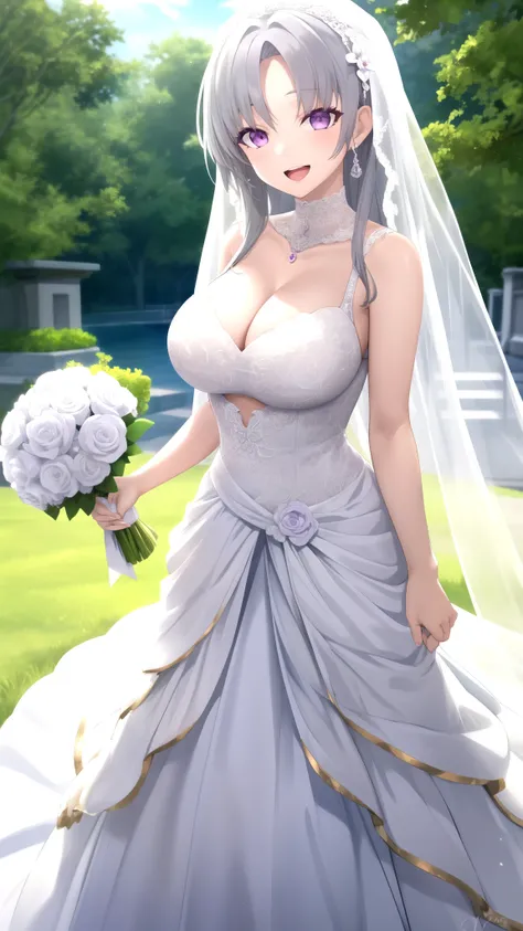 Masterpiece, Best Quality, girl, looking at viewer, Faios, grey hair, purple eyes, large breasts, wedding dress, standing, smile, Open mouth, outdoors 