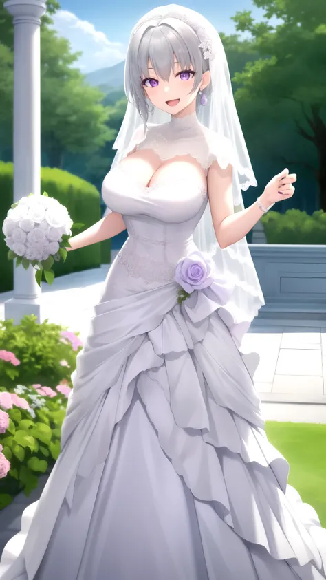 Masterpiece, Best Quality, girl, looking at viewer, Faios, grey hair, purple eyes, large breasts, wedding dress, standing, smile, Open mouth, outdoors 