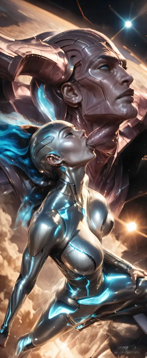 female silver surfer, movie (The Fantastic Four: First Steps", (((enermous_breasts))),detailed portrait, glowing (((silver_alloy_body_and_face))), camel_toe,powerful pose, surging cosmic energy, (((deep_throat_blowjob_to_Galactus))),surfing in air over vas...