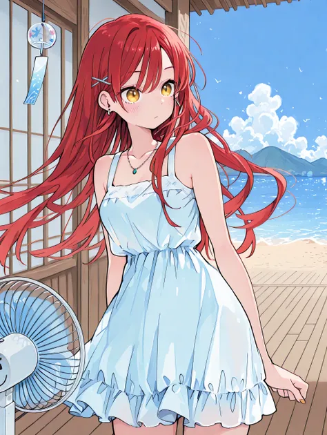 bright,เติมสติกเกอร์cuteๆติดที่หน้า,Girl,red long hair,yellow eyes, x Hair Jewelry, Earrings, Necklace,cute,Casual Skirt Dress, electric fan , indoor, blue sky, Wooden floor, Wind Chime,Outdoor,sea,Men's Beach,mountain