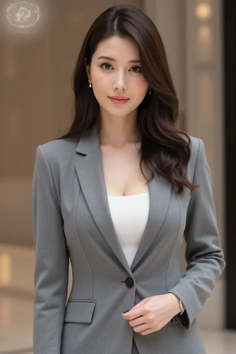 (top quality、best masterpiece、8k、best image quality、winning works)、( beautiful 30 year old woman :1.1)、(Elegant long wavy hair showing forehead:1.3)、dark haired、big breasts、glamorous body、(Elegant Grey Business Suit:1.3)、(Elegant U-neck white inner shirt:1...
