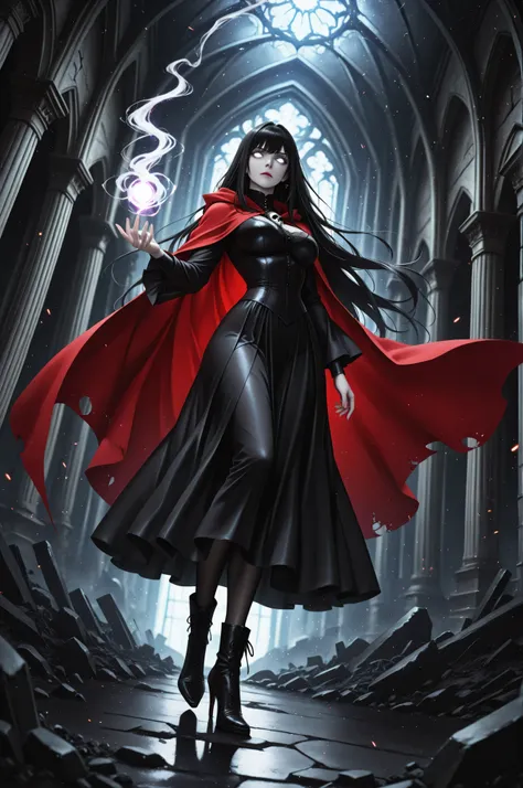 masterpiece, best quality, very aesthetic, absurdres,aidmaMJ6.1,picture of a female human, priestess of death pale white magical aura, controlling a swirling magic, manipulating ,magical sigils, human female, black  hair, pale skin,  long black hair with p...