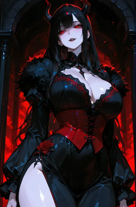 1 adult, well-proportioned face, attractive woman, beautiful woman, mature women, dressed in a crimson-black gown, cold expression, long silky inky-black hair, free-falling black hair, crimson eyes, black slit pupils, black demonic-dragon horns, buxom phys...