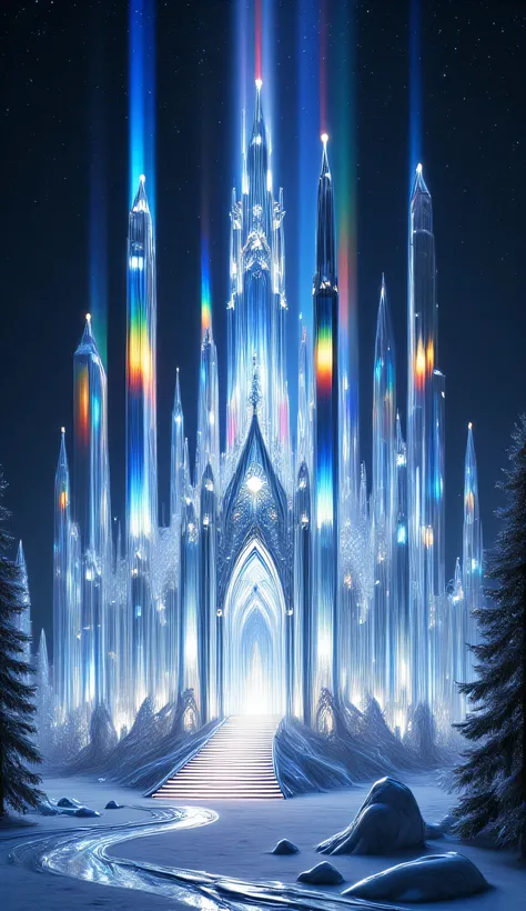 Enormous crystalline cathedral emerges from frozen wasteland, towering prismatic spires refracting starlight into rainbow beams, shimmering internal glow pulsing like a heartbeat, drifting glacial fog curling around the base, cosmic silence amplifying its ...