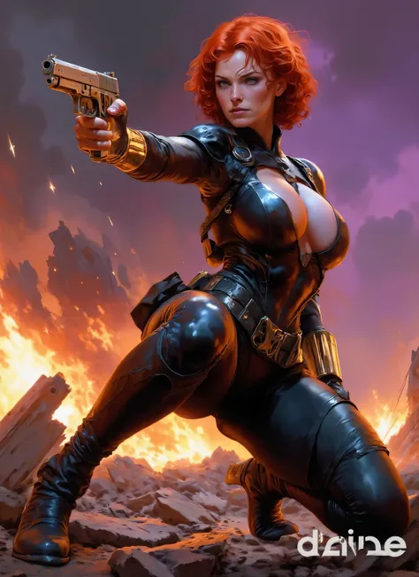 Black widow from marvel. A fierce red-haired female warrior in a tactical black latex suit, kneeling with one leg forward while aiming a handgun with intense focus. Realistic pretty face with stunning beauty, sharp eyes, expressive look, short wavy red hai...