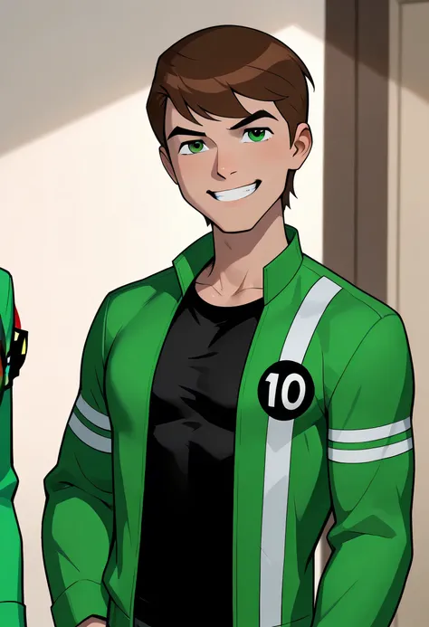 ((A muscular young man with brown hair, wearing a black shirt and a green jacket, is smiling.))