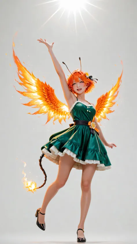 anime style、3dCG style、one girl standing、 shot his whole body from the front、 best image quality、Greatest Masterpiece、Super Detailed、High Resolution、Extremely Detailed CG、 sandori、 sun girl、 burning hair、 red and orange hair、 messy hair、 short hair、 fluf...