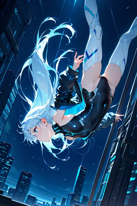 upside-down, backflip,masterpiece, high resolution, an anime girl, armored girl, cute face, detailed face, very long hair, white hair, blue eyes, from below, low angle, from side, profile, skydiving, upside-down, dynamic angle, dynamic action, ((falling do...