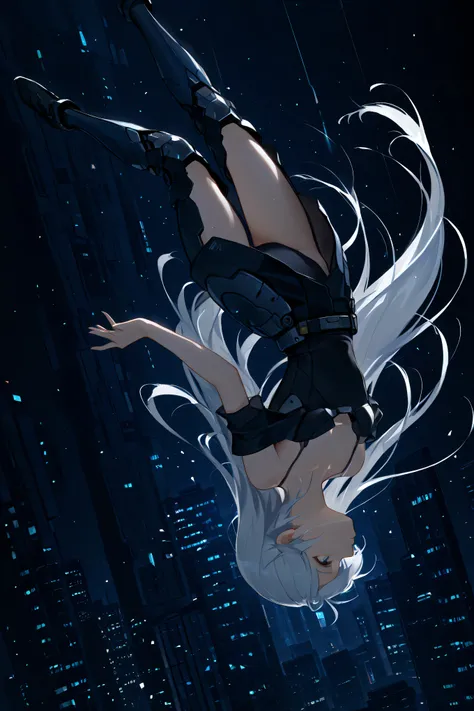 upside-down, backflip,masterpiece, high resolution, an anime girl, armored girl, cute face, detailed face, very long hair, white hair, blue eyes, from below, low angle, from side, profile, skydiving, upside-down, dynamic angle, dynamic action, ((falling do...