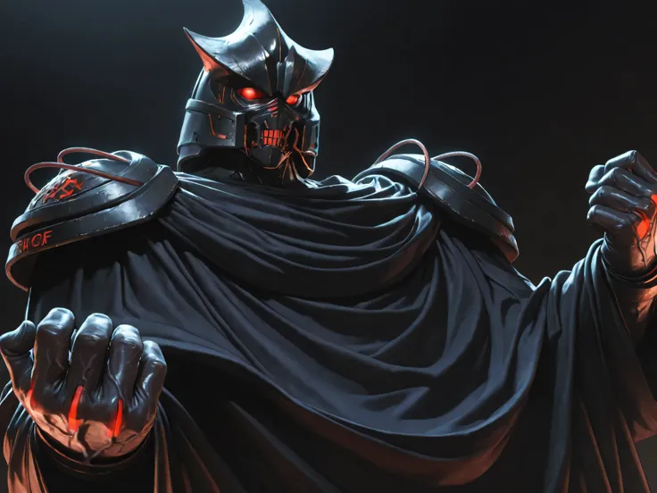 (KAHNDIGIFER, red eyes, hands in cloak, body, masculine, muscular, defined muscles, black armor, detailed armor, bara), nsfw, monster male, shiny skin, evil eyes, dominant, five fingers, (solo), big male, big body, tall body, muscular body, big muscles, tl...