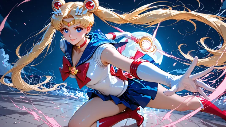 Sailor moon, smile, dynamic pose, night