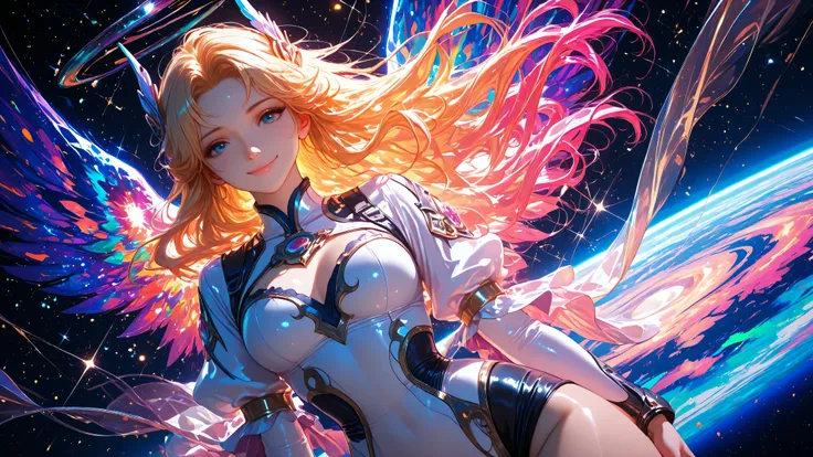 1girl, smile, iridescence, dramatic angle, space, (floating colorful sparkles:1.3), Dramatic Lighting, Chiaroscuro, Evocative Depth