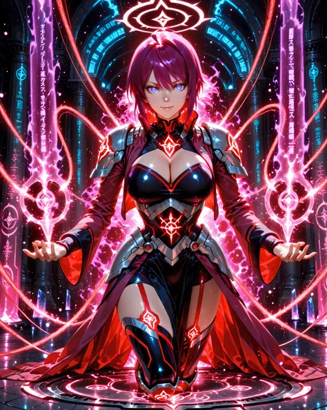 Hyperrealistic manga, Lunamaria Hawke, short red-violet hair, blue-violet eyes, detailed hands with only five fingers per hand, large breasts (D cup), low-cut neckline.
Lunamaria Hawke stands at the center of a colossal technomystical sanctuary, a relic of...