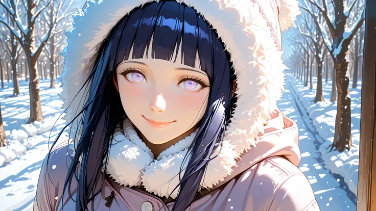 Hyuuga hinata, winter outfit, snow, smile