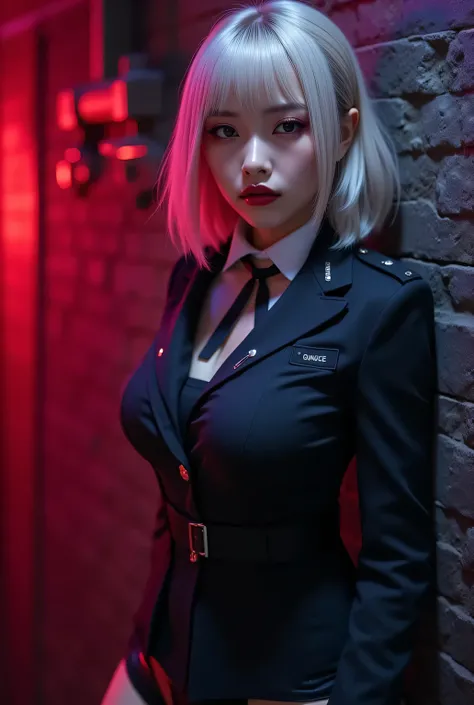 Upper-body, close-up.
Dimly lit underground late at night, fascinating secret danger Areas.
Dark red and dark purple elaborate wall.
She is a very beautiful Japanese woman, platinum blonde hair, light red lips.
She is wearing a command uniform.
She is also...