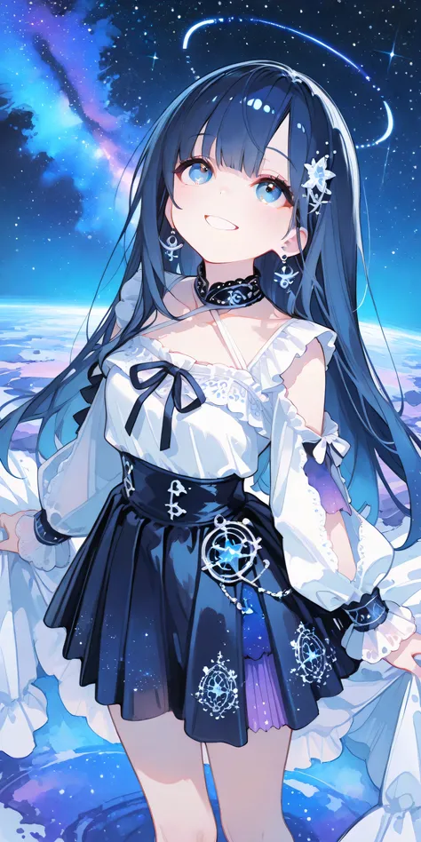 Watercolor anime,(masterpiece, detailed:1.2),top quality、An Artistic Masterpiece、precise depiction、A girl with long dark blue hair is smiling and looking up at the starry sky in a white frilly blouse、She is wearing a dark blue high-waisted jumper skirt wit...