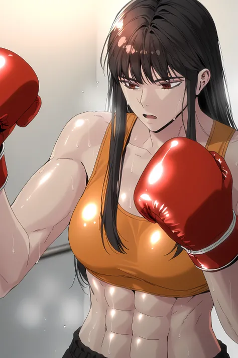 1girl, solo, young mature, ihwa, long hair, red eyes, black hair, ringed eyes, sidelocks, (ringed eyes:0.8), medium breast, toned female, abs, shiny body, sports bra, boxing gloves, sweating, open mouth
