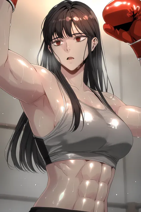 1girl, solo, young mature, ihwa, long hair, red eyes, black hair, ringed eyes, sidelocks, (ringed eyes:0.8), medium breast, toned female, abs, shiny body, sports bra, boxing gloves, sweating, armpit, open mouth