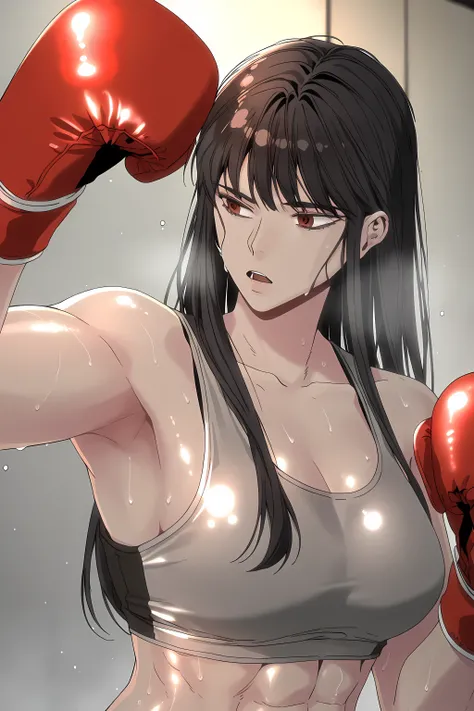 1girl, solo, young mature, ihwa, long hair, red eyes, black hair, ringed eyes, sidelocks, (ringed eyes:0.8), medium breast, toned female, abs, shiny body, sports bra, boxing gloves, sweating, armpit, open mouth