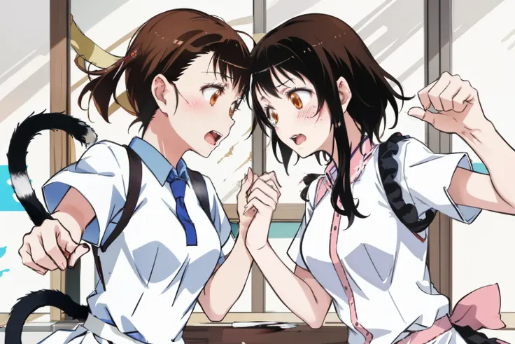 Kisaki Onodera, conquer, 2 girls only,(((her clone))),NSFW,sexual conflict,Fight,((((cat fight)))),((anger)),(look at each other),clone,