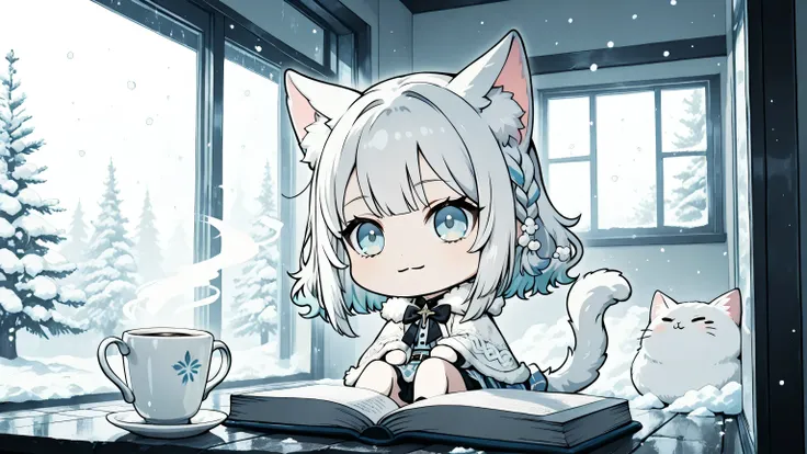 Chibi,(chibi:1.4),aiu2,cute anime cat-girl, small and adorable, soft cat ears and fluffy tail, sitting by a large window, calmly reading a book. A warm cup of coffee placed beside her. A tiny kitten sitting close to her. Outside the window is a cold winter...