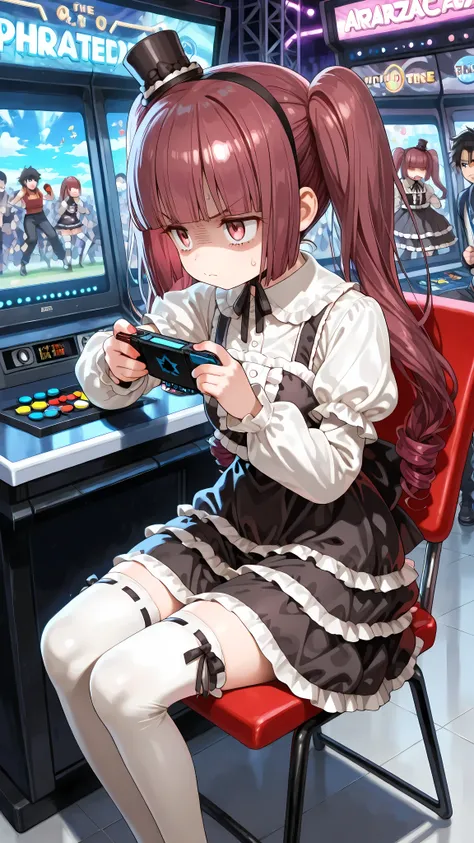 Hanazono Yurine, arcade、white stockings, Zettai Ryouiki. Sit on a chair and play on the arcade、Female Gamer Who Explodes in Anger,  playing videogames, Crowd watching in front of a fighting game console, The Moment You Hit the Case with Your Fist、Punch the...