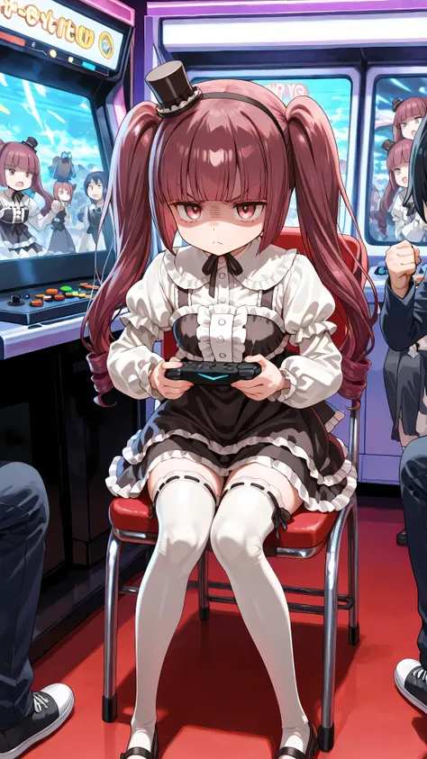 Hanazono Yurine, arcade、white stockings, Zettai Ryouiki. Sit on a chair and play on the arcade、Female Gamer Who Explodes in Anger,  playing videogames, Crowd watching in front of a fighting game console, The Moment You Hit the Case with Your Fist、Punch the...