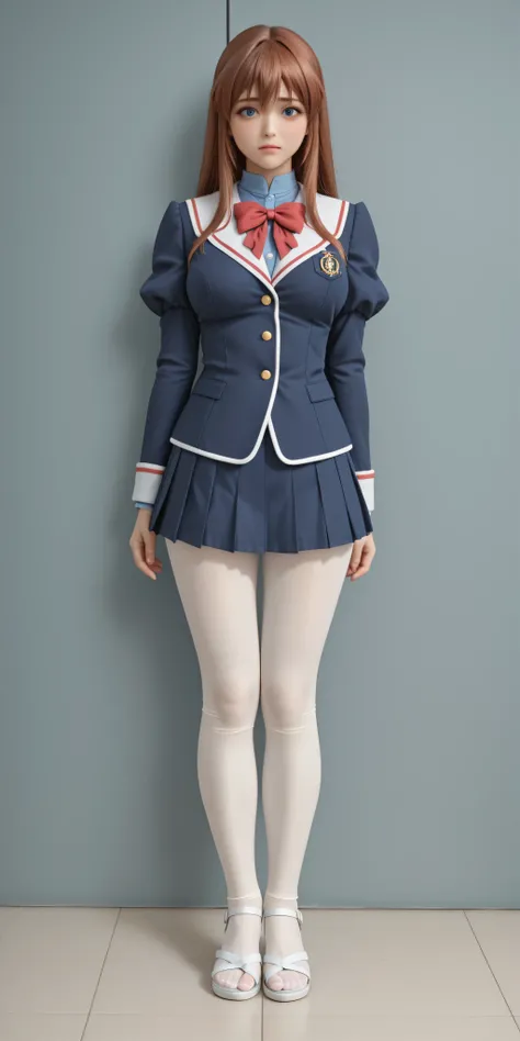 A very sexy girl [Kanzaki Aoi] with school uniform, Blazer blanco, puffed sleeves, navy blue pleated miniskirt with white trim, ((light and white tights)), with black high-heeled sandals. ((Measures: 90-60-90))