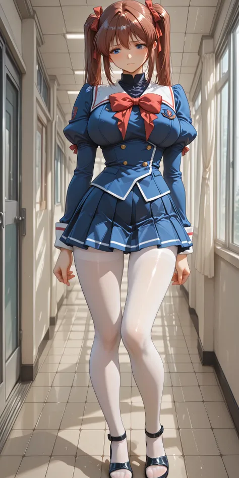 A very sexy girl [Kanzaki Aoi] with school uniform, Blazer blanco, puffed sleeves, navy blue pleated miniskirt with white trim, ((light and white tights)), with black high-heeled sandals. ((Measures: 120-60-90))