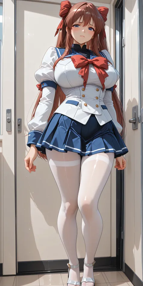 A very sexy girl [Kanzaki Aoi], with white blazer:1.5, puffed sleeves, navy blue pleated miniskirt with white trim, ((light:1.5 and white tights)), with black high-heeled sandals. ((Measures: 120-60-90))