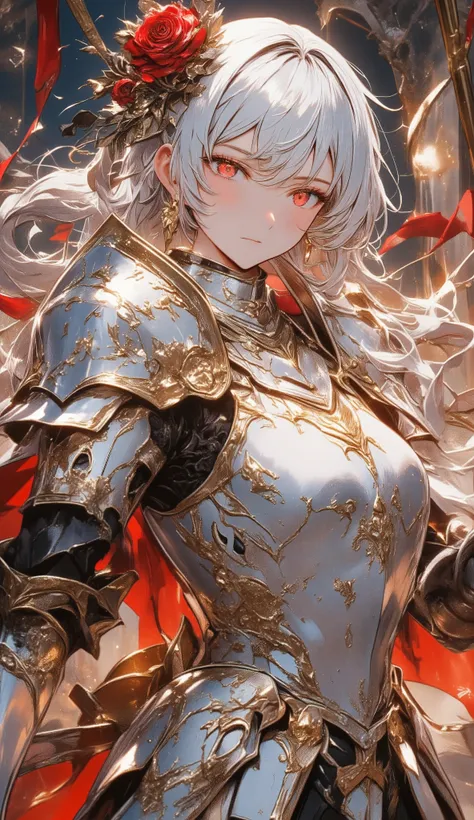 (very detailedな目,    very detailedな顔), (    white silver pressed armor　 High Fine ), (Red and gold rose decoration　High Fine),(    top quality :1.4), (    top quality ), 5, Aesthetic,    female knight ,score_9, score_8_    up, score_7_    up, score_6_    u...