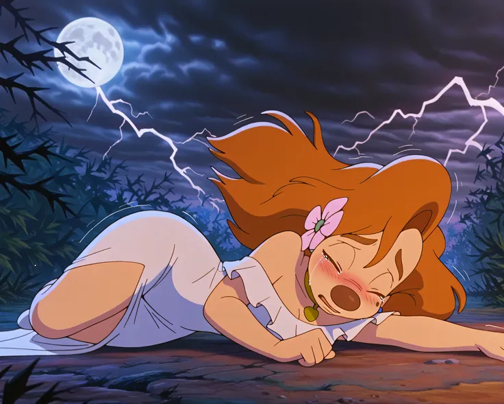 1girl, roxanne,  furry female, white dress, outdoors, nighttime, lightning, dark clouds, full moon, thorn bush, dead trees, scary atmosphere, woods, lying on ground, hair flower, gold choker, lying on side, shy, fear, scared expression, sad, tears, blushin...