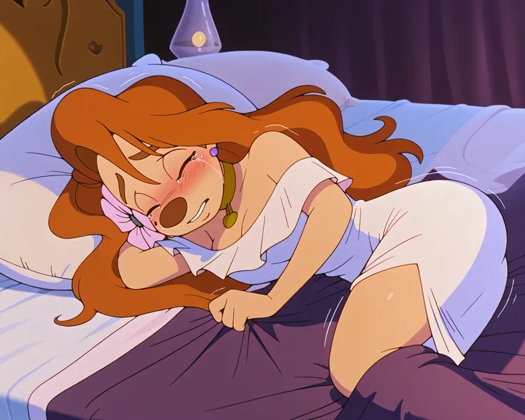 1girl, roxanne,  furry female, white dress, lying on bed, hair flower, gold choker, lying on side, underneath covers, shy, fear, scared expression, sad, tears, blushing, eyes closed, crying, shivering, king size bed, huge bed, dimly lit room, dim lamplight...