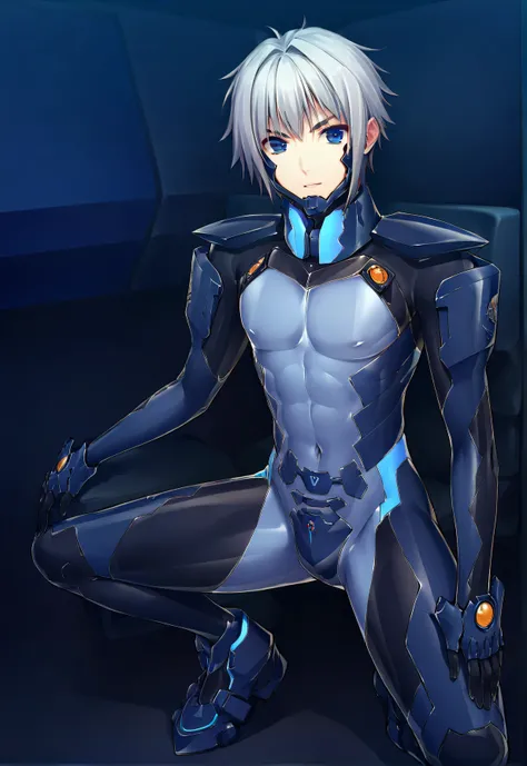 《anime illustration》Tight fit、male body 、White-haired and blue-eyed young man、undersuit、Realistic、4K Vivid Color、Professional Textures、EXTREMELY DETAILS、《《Fortified Suit》》、 Slim、Teen、depicting up to the knee《Kirito》