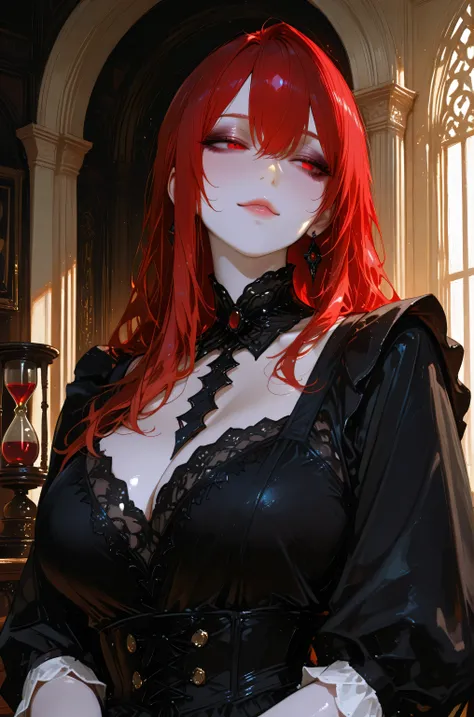 1 adult, well-proportioned face, seductive woman, attractive woman, beautiful woman, mature women, pale skin, dressed in a full-black demonic maid uniform, cold expression, long crimson-red hair, free-falling crimson-red hair, crimson eyes, buxom physique,...