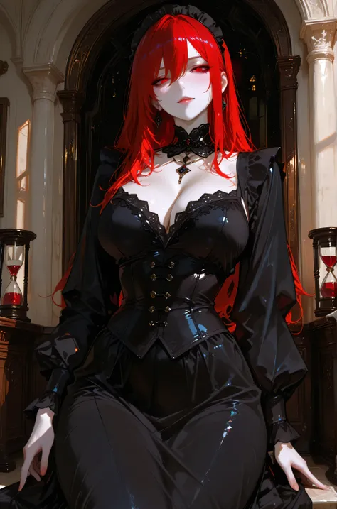 1 adult, well-proportioned face, seductive woman, attractive woman, beautiful woman, adult women, pale skin, dressed in a full-black demonic maid uniform, cold expression, long crimson-red hair, free-falling crimson-red hair, crimson eyes, buxom physique, ...
