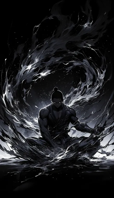 black、black、black、blackい背景に墨絵、blackい線画、High Quality、high image quality、Osmudging Outline、流れるblack、blackい炎を纏い胡座をしている格闘家、Motion Blur