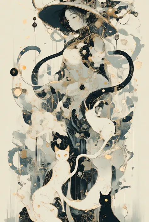 hkgod 、ArsMJStyle, Zen Ink Wash Sumi-e, Shape a beautiful girl composed of many cat-shaped icons and logos、Composed of cat icons1Girl、Cat Dance、many kinds of cat icons、ultra high definition、Greatest Masterpiece