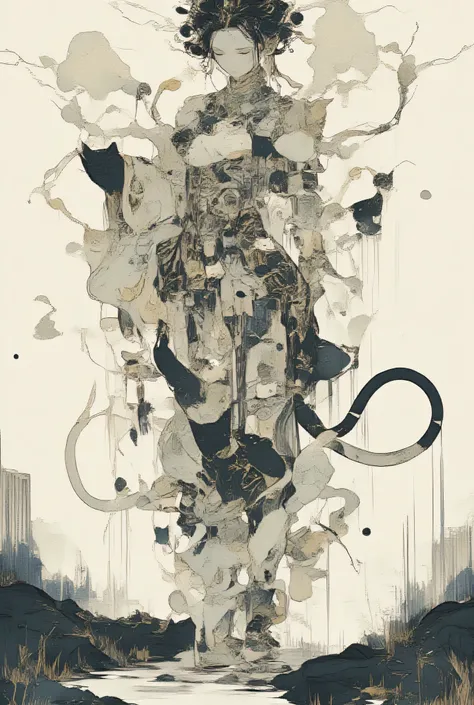 hkgod 、ArsMJStyle, Zen Ink Wash Sumi-e, Shape a beautiful girl composed of many cat-shaped icons and logos、Composed of cat icons1Girl、Cat Dance、many kinds of cat icons、ultra high definition、Greatest Masterpiece