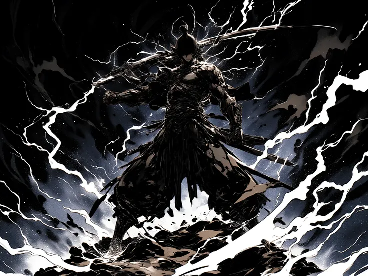 (black、black、black)、( blackい背景に墨絵)、(blackい線画)、(High Quality、high image quality)、(Osmudging Outline)、(流れるblack)、(blackい雷を纏い大剣を振り下ろす戦士)、(accurate body structure)、(blackい雷のエフェクトマックス)