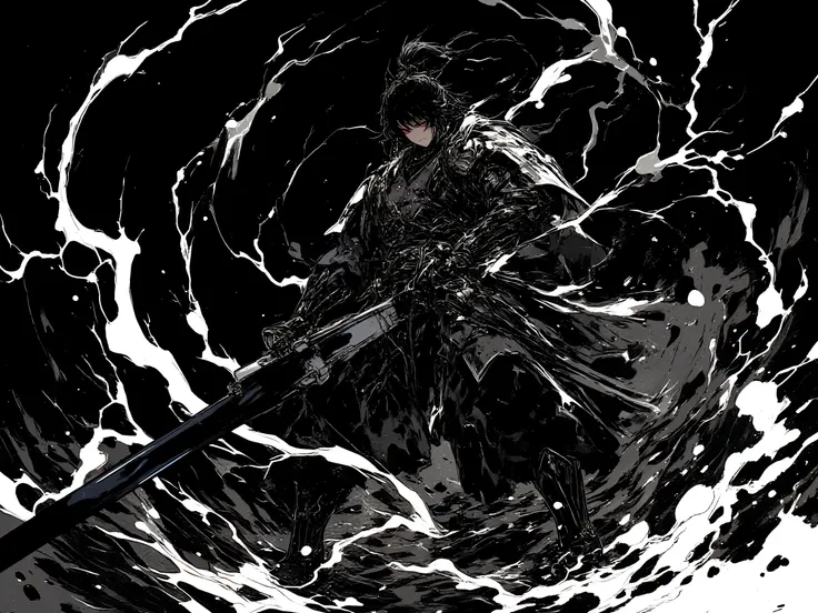 (black、black、black)、( blackい背景に墨絵)、(blackい線画)、(High Quality、high image quality)、(Osmudging Outline)、(流れるblack)、(blackい雷を纏い大剣を振り下ろす戦士)、(accurate body structure)、(blackい雷のエフェクトマックス)