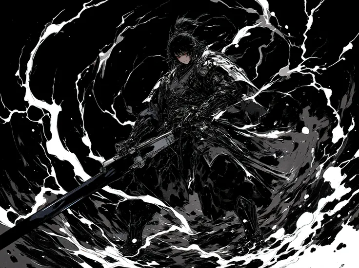 (black、black、black)、( blackい背景に墨絵)、(blackい線画)、(High Quality、high image quality)、(Osmudging Outline)、(流れるblack)、(blackい雷を纏い大剣を振り下ろす戦士)、(accurate body structure)、(blackい雷のエフェクトマックス)