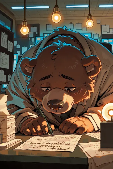 huge employee bear, hunched over in tiny cubicle, writing cautiously, messy cubicle, warm light bulbs, taciturn human, concentrated expression, soft ambient lighting, minimalist office, scattered paper, documentary photography style