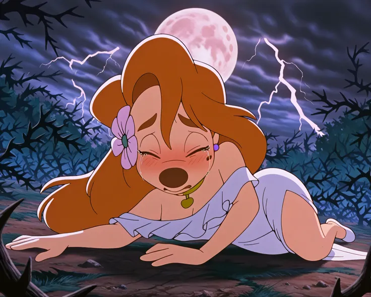 1girl, roxanne,  furry female, white dress, outdoors, nighttime, lightning, dark clouds, full moon, dead branches, big thorns, dead trees, scary atmosphere, woods, lying on ground, hair flower, gold choker, lying on side, shy, fear, scared expression, sad,...