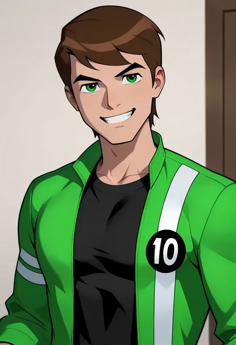 ((A muscular young man with brown hair, wearing a black shirt and a green jacket, is smiling.