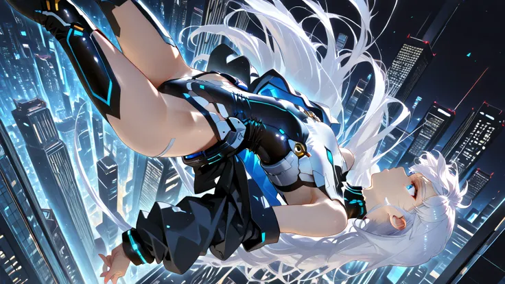 upside-down, backflip,masterpiece, high resolution, an anime girl, armored girl, cute face, detailed face, very long hair, white hair, blue eyes, from below, low angle, from side, profile, skydiving, upside-down, dynamic angle, dynamic action, ((falling do...