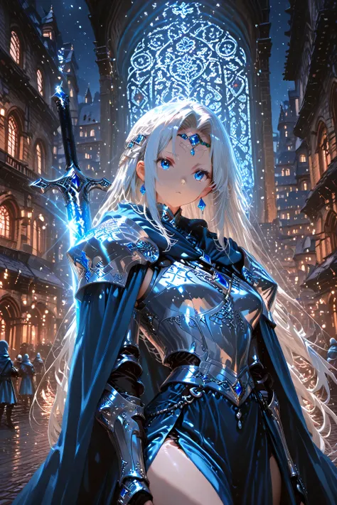 masterpiece:1.3、8k:1.3、top quality:1.3、detail:1.3、High Resolution:1.3、digital painting、Super Detailed、anime style、BREAK、
1 girl、solo、Fantasy、medieval cityscape at night
Beauty in Armour、blue eyes、 Silver Hair、half up hairstyle、long hair、blue jewel headdres...