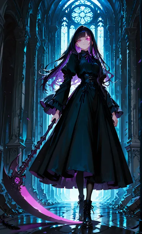 ultra-detailed, high detail, best quality, masterpiece, sharp focus, detailed shadows, vivid colors, dark fantasy anime girl with long black hair and glowing violet eye, (detailed eyes:1.2), (sharp eyes:1.1), wielding a giant ghostly scythe made of shadow ...